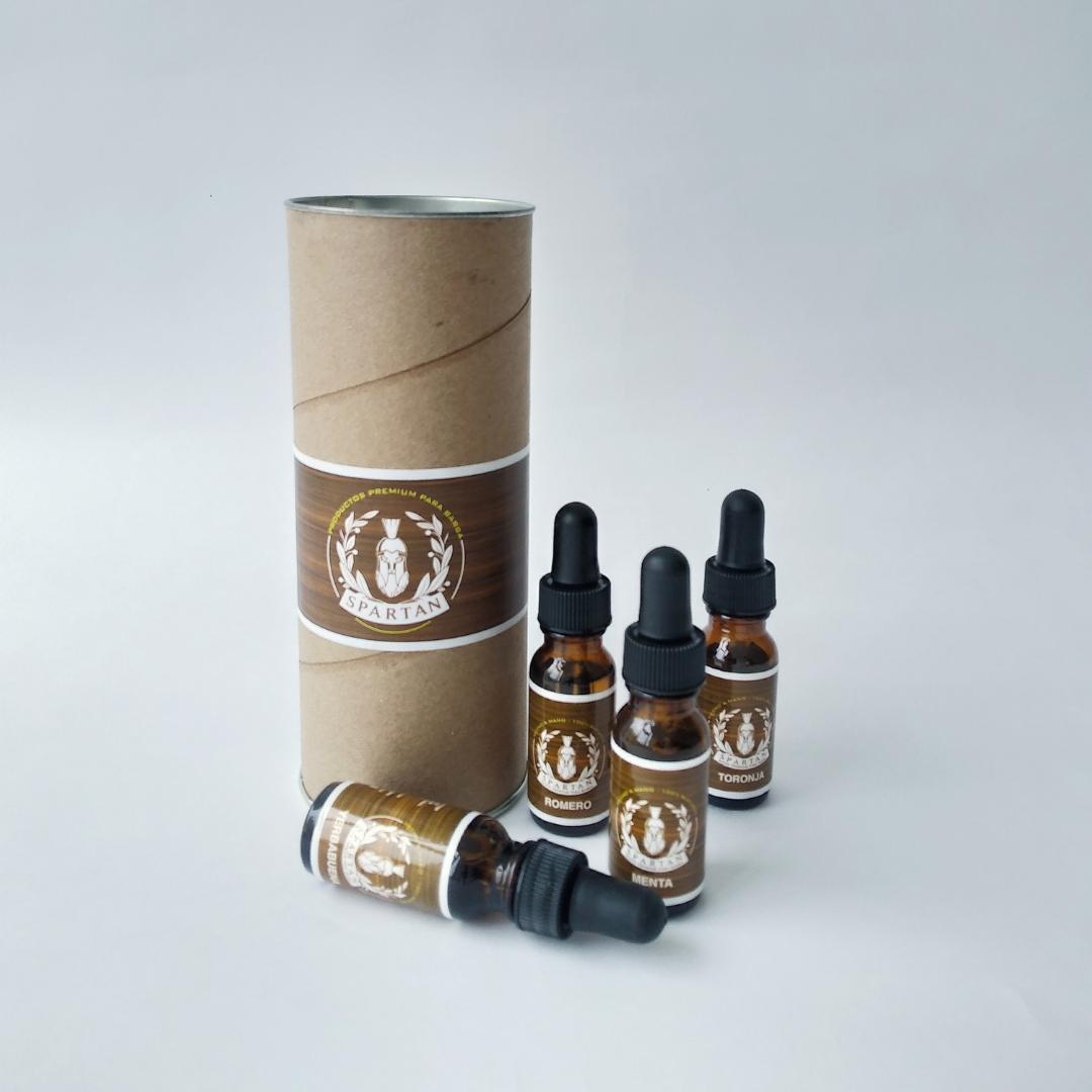Kit x 4 Aceites para Cuidado De Barba Orgánico Spartan Presentación 15ML - Esencias Variadas, Yerbabuena - Menta - Toronja - Romero